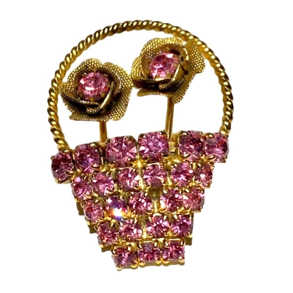Pink Crystal Rhinestone Flower pot brooch vintage